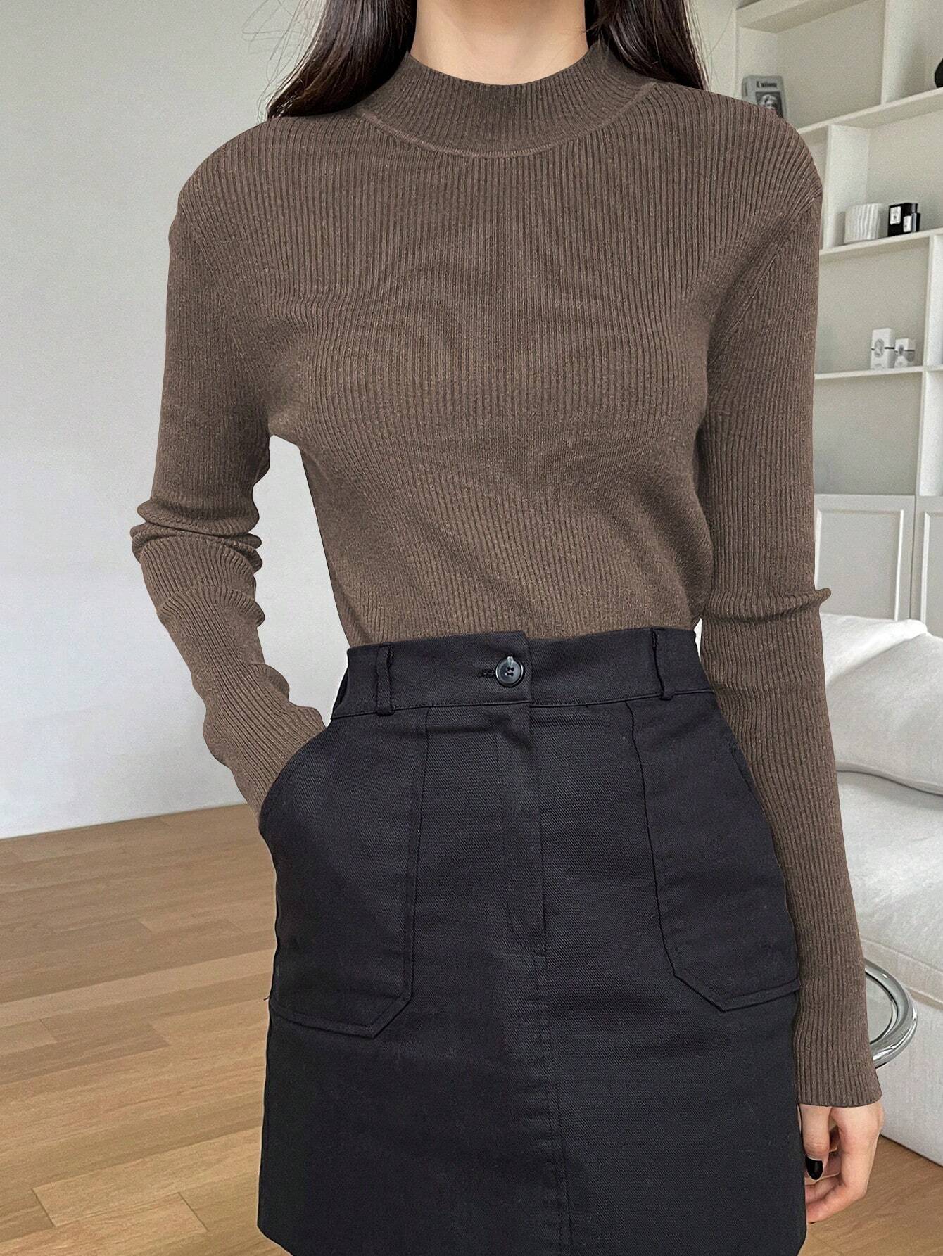DAZY Women's Solid Stand Collar Long Sleeve Casual Business Pullover Sweater shein