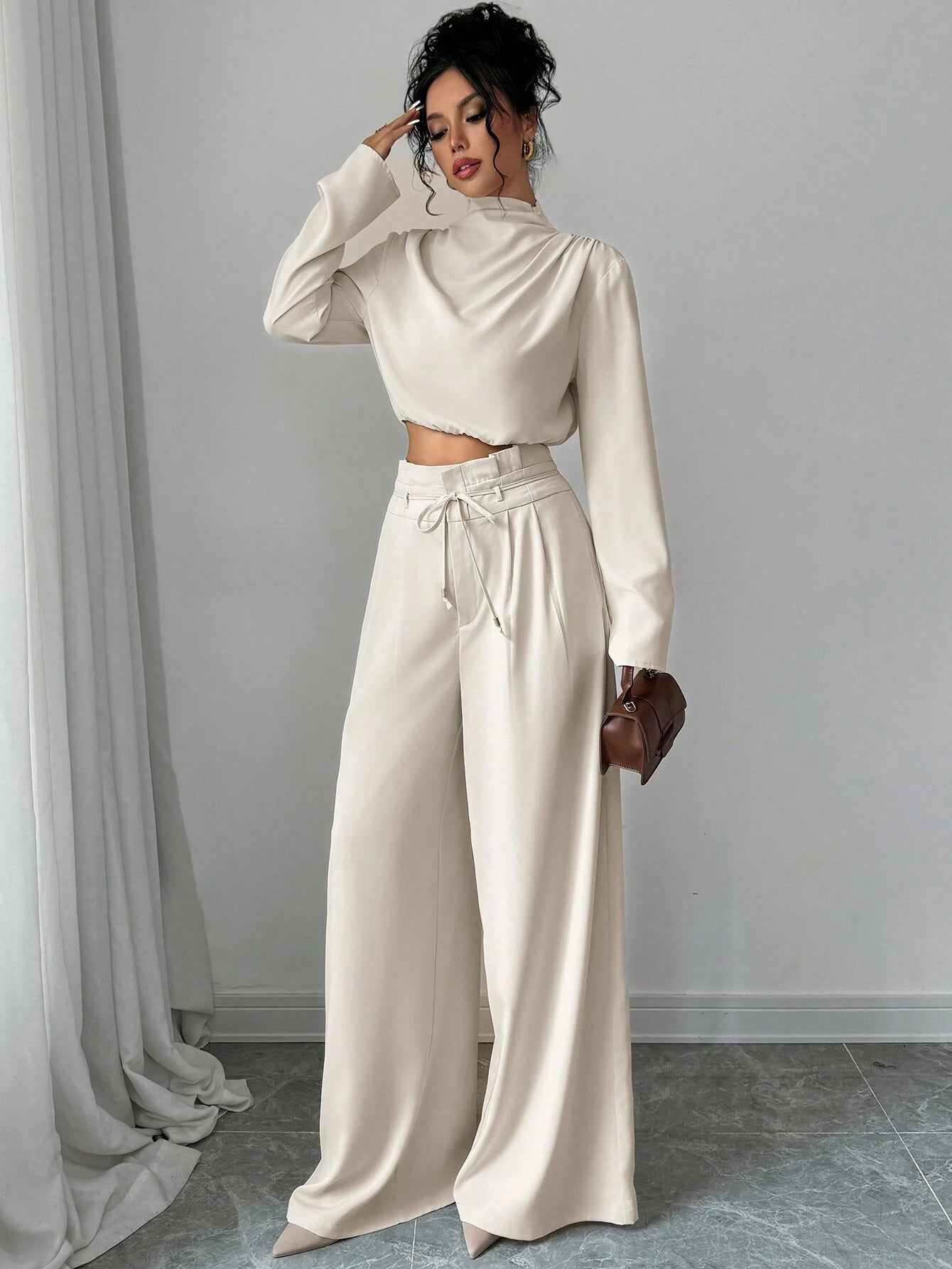 Firerie Women's Elegant Stacked Collar Shirt Top And Wide Leg Trousers shein