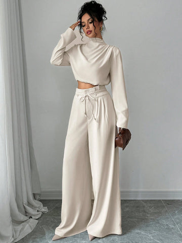 Firerie Women's Elegant Stacked Collar Shirt Top And Wide Leg Trousers