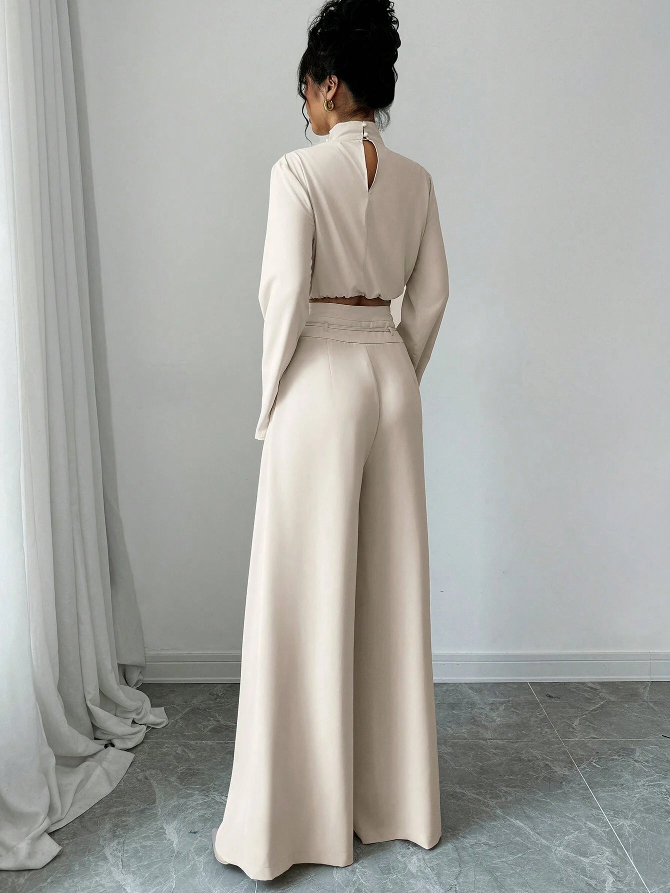 Firerie Women's Elegant Stacked Collar Shirt Top And Wide Leg Trousers shein