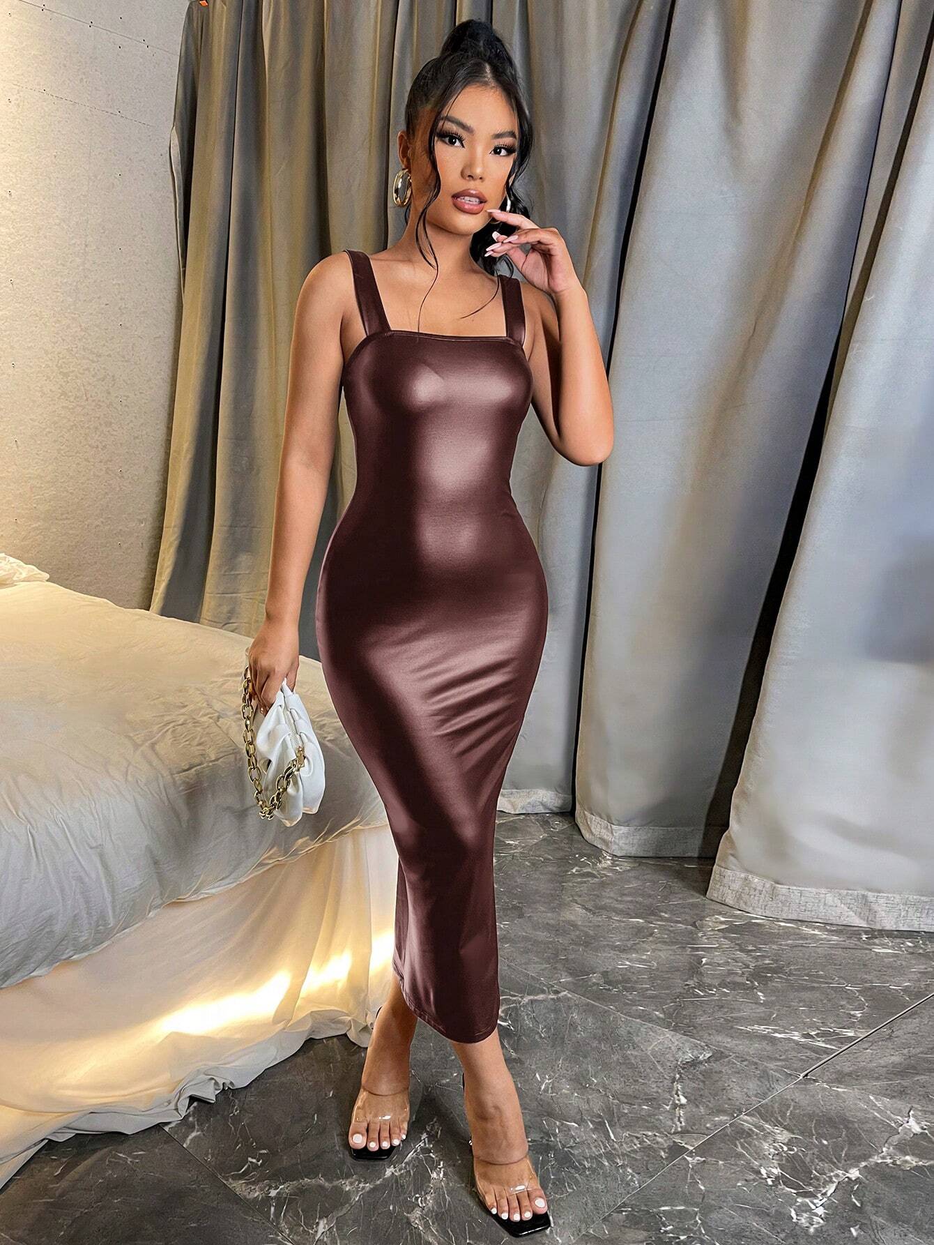 SXY Split Hem Straps Neck Dress shein