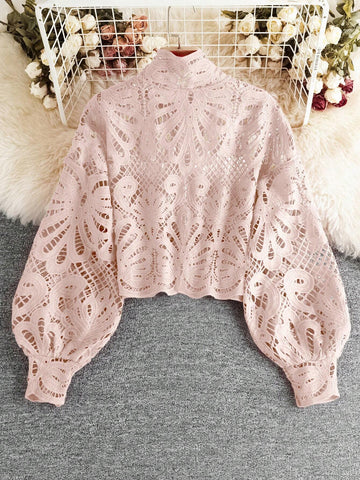 Unity Women Spring And Summer Stand-Up Collar Lace Loose Lantern Long-Sleeved Shirt