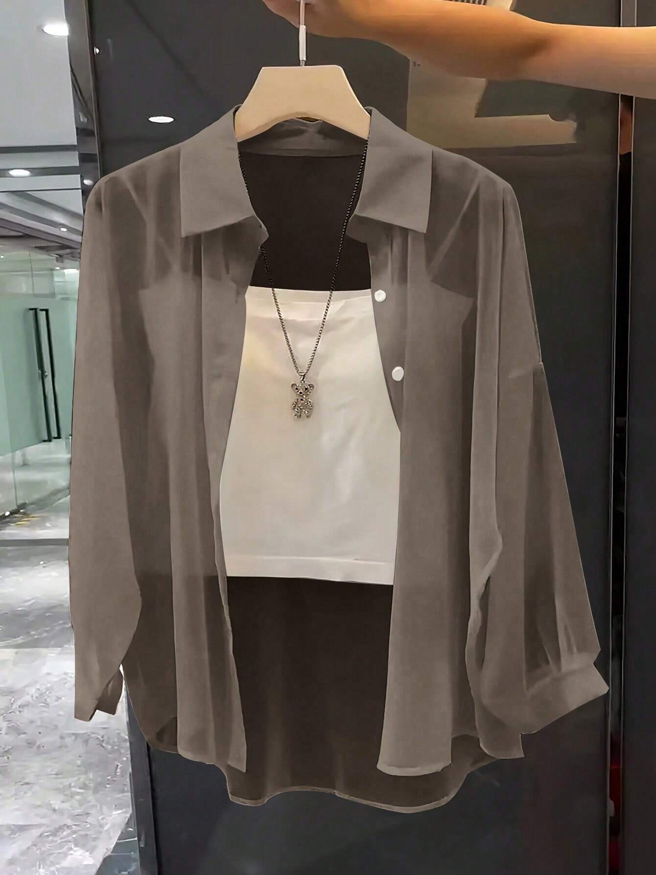 ChicEase Basic Transparent Plain Simple Collared Shirt shein
