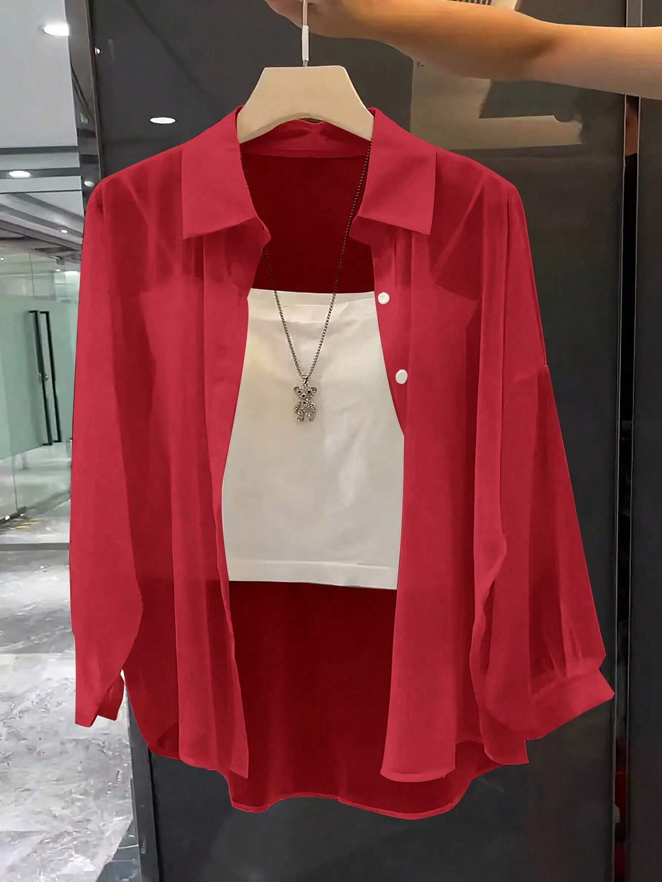 ChicEase Basic Transparent Plain Simple Collared Shirt shein