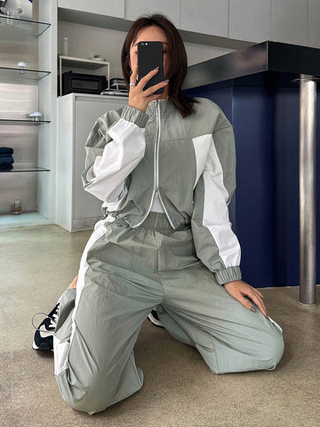 DAZY 2pcs Women Contrast Color Block Long Sleeve Drawstring Front Zip Jacket And Pants Suit