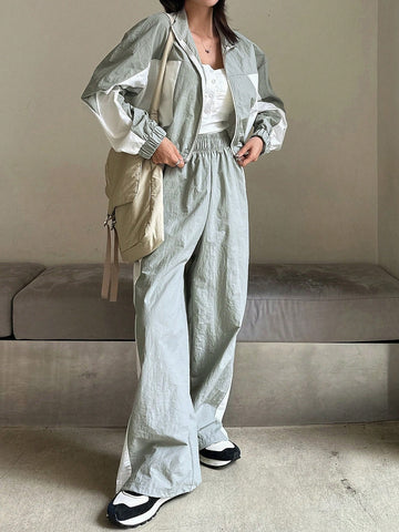 DAZY 2pcs Women Contrast Color Block Long Sleeve Drawstring Front Zip Jacket And Pants Suit