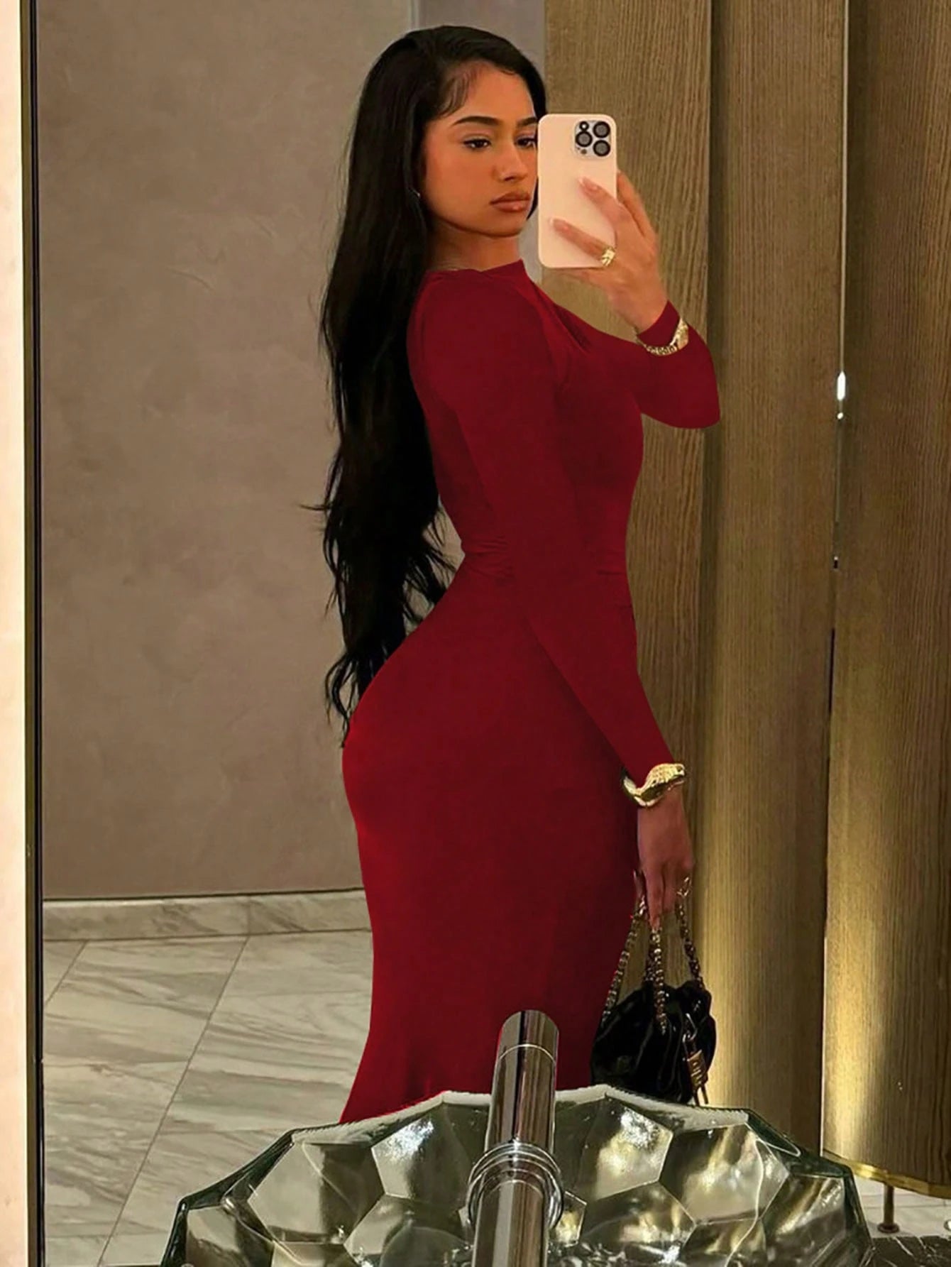 Fashionable Pleated Round Neck Long Sleeve Bodycon Dress shein