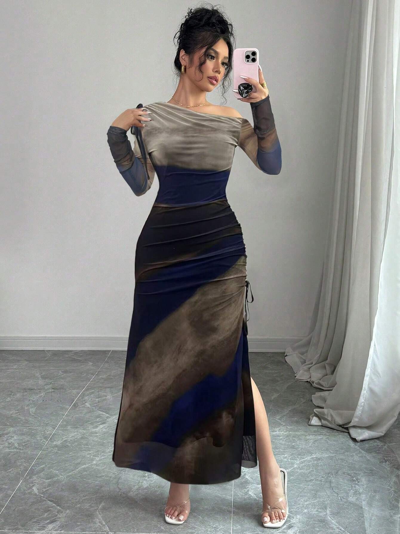Raffinéa Elegant Tie Dye Gradient Ruched Mesh Leopard Print Asymmetrical Neck High Slit Dress shein