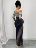 Raffinéa Elegant Tie Dye Gradient Ruched Mesh Leopard Print Asymmetrical Neck High Slit Dress shein
