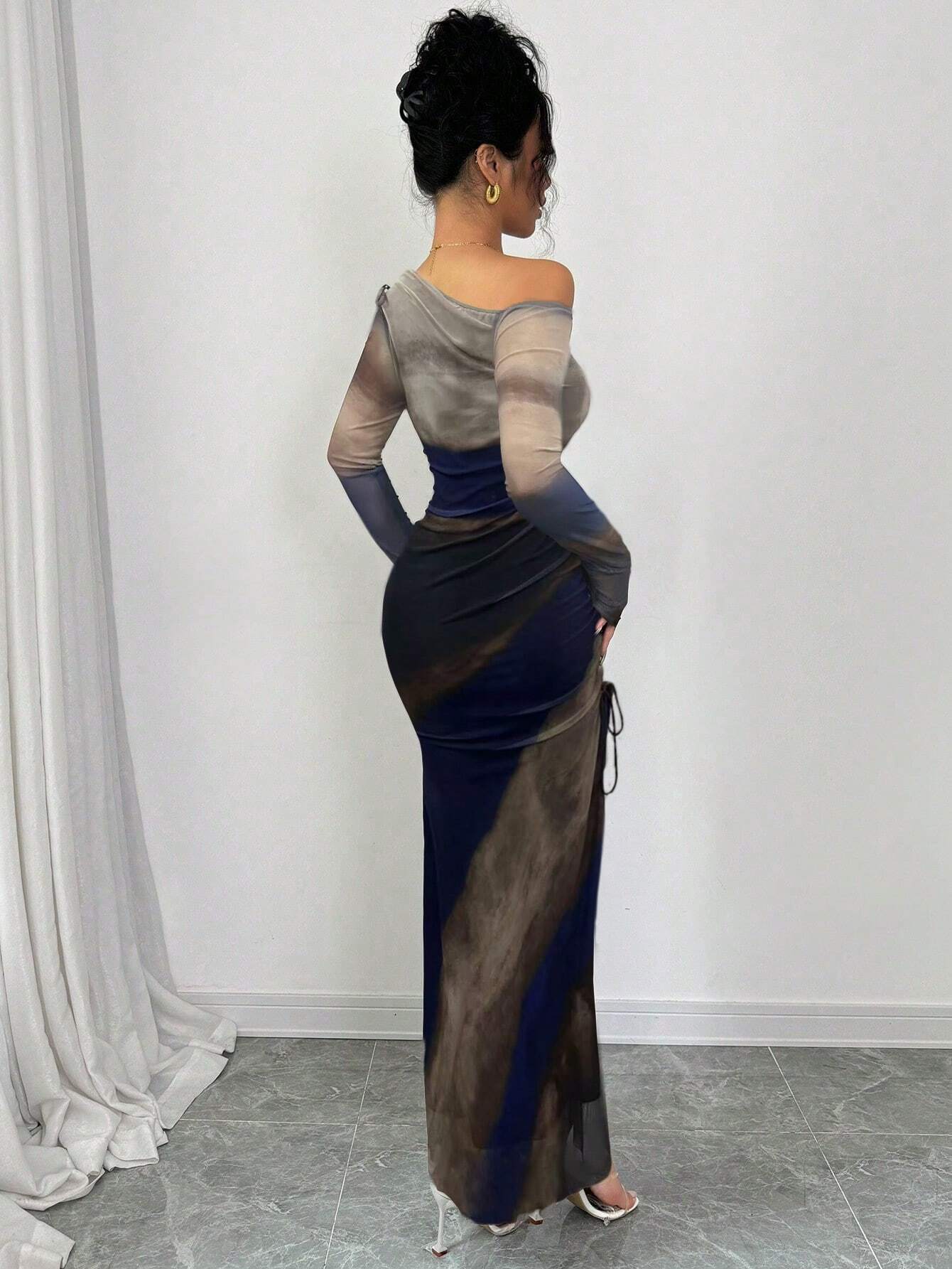 Raffinéa Elegant Tie Dye Gradient Ruched Mesh Leopard Print Asymmetrical Neck High Slit Dress shein