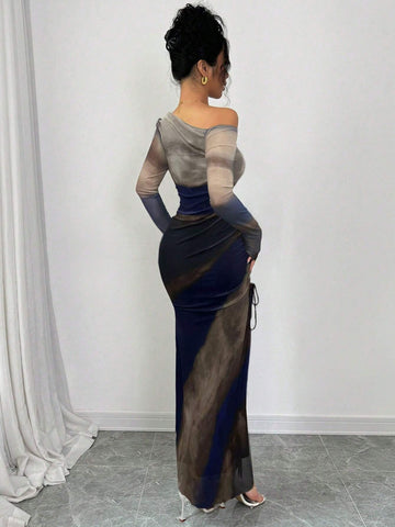 Raffinéa Elegant Tie Dye Gradient Ruched Mesh Leopard Print Asymmetrical Neck High Slit Dress