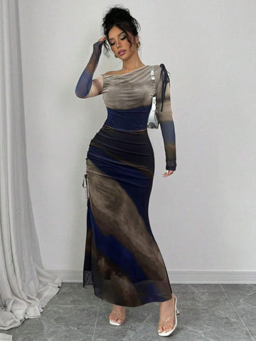Raffinéa Elegant Tie Dye Gradient Ruched Mesh Leopard Print Asymmetrical Neck High Slit Dress