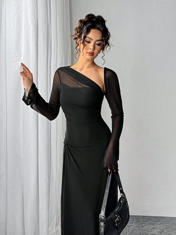 Women's Black Mesh Slim Long-Sleeved Dress