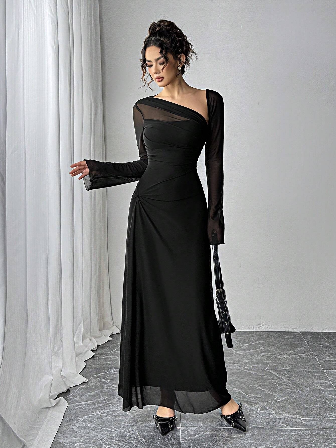 Women's Black Mesh Slim Long-Sleeved Dress shein