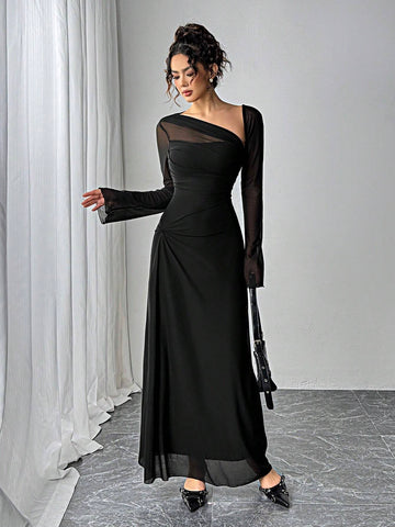 Women's Black Mesh Slim Long-Sleeved Dress
