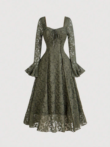 MOD Women's Lace Sweetheart Neck Flared Sleeve Dress