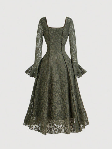 MOD Women's Lace Sweetheart Neck Flared Sleeve Dress