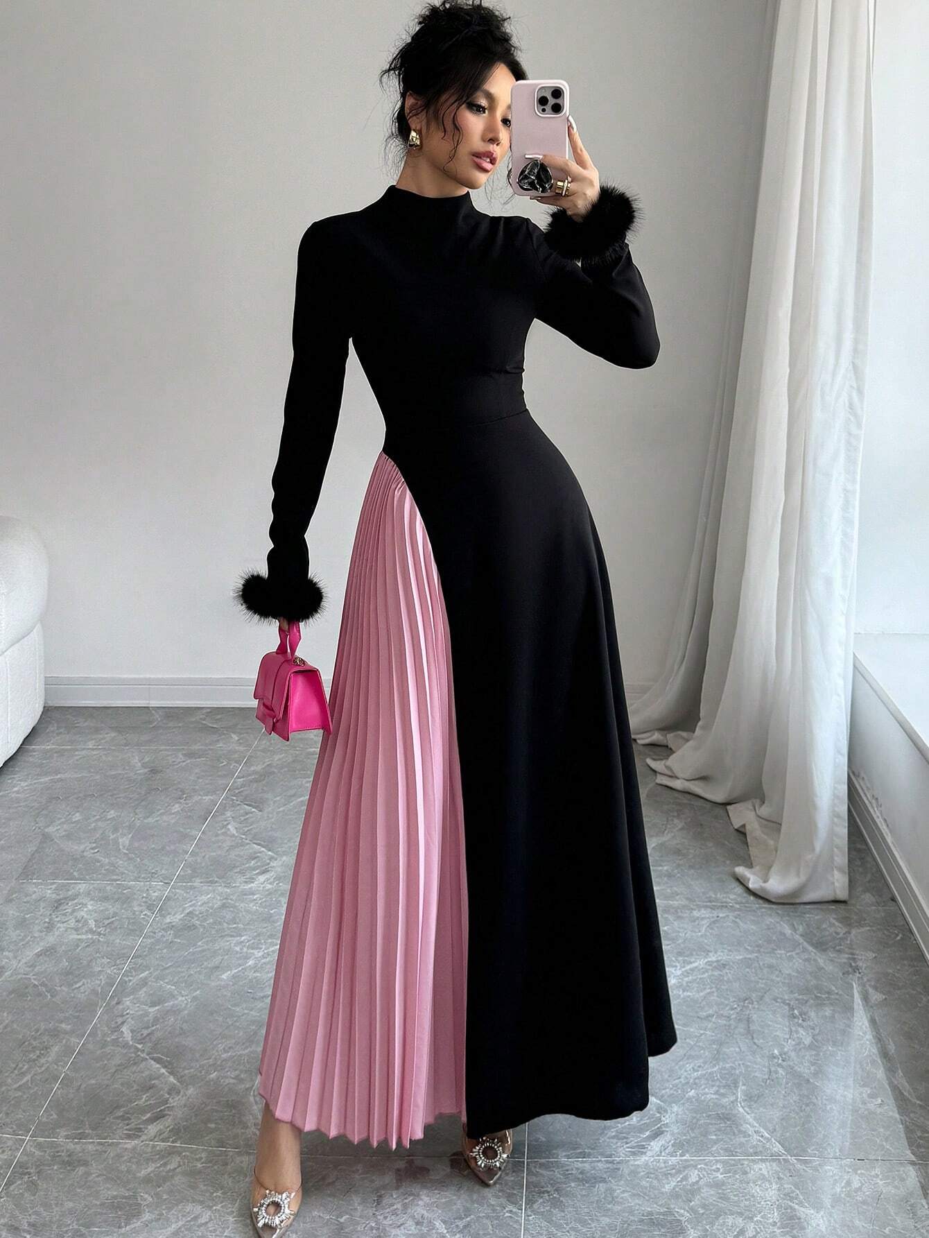 Modely Women's Elegant Knitted Black Color Block Pleated A-Line Dress Maxi shein