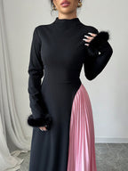 Modely Women's Elegant Knitted Black Color Block Pleated A-Line Dress Maxi shein