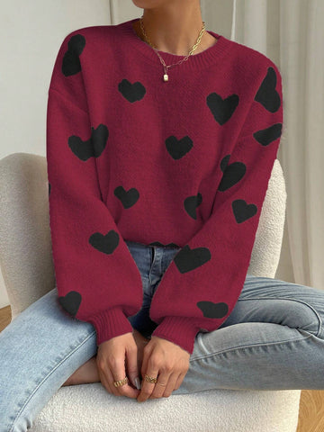 Relaxiva Women Casual Heart Pattern Dropped Shoulder Loose Knit Sweater