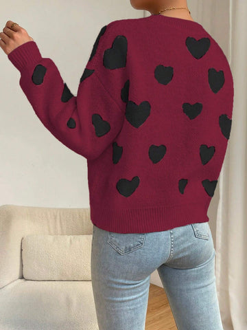 Relaxiva Women Casual Heart Pattern Dropped Shoulder Loose Knit Sweater