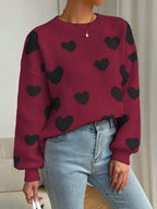 Relaxiva Women Casual Heart Pattern Dropped Shoulder Loose Knit Sweater shein