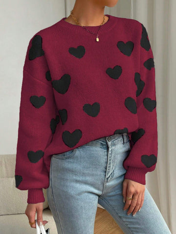 Relaxiva Women Casual Heart Pattern Dropped Shoulder Loose Knit Sweater