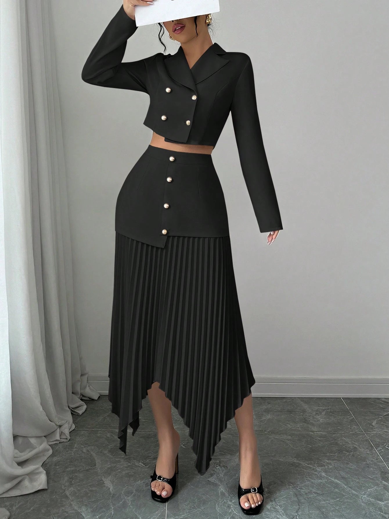 Elenzya 2pcs/Set Women Blazer Collar Gathered Waistline Button-Up Pleated Asymmetrical Elegant Outfit shein