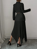 Elenzya 2pcs/Set Women Blazer Collar Gathered Waistline Button-Up Pleated Asymmetrical Elegant Outfit shein