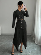 Elenzya 2pcs/Set Women Blazer Collar Gathered Waistline Button-Up Pleated Asymmetrical Elegant Outfit shein