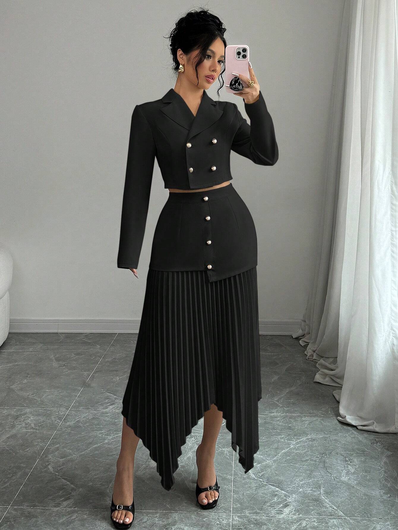 Elenzya 2pcs/Set Women Blazer Collar Gathered Waistline Button-Up Pleated Asymmetrical Elegant Outfit shein