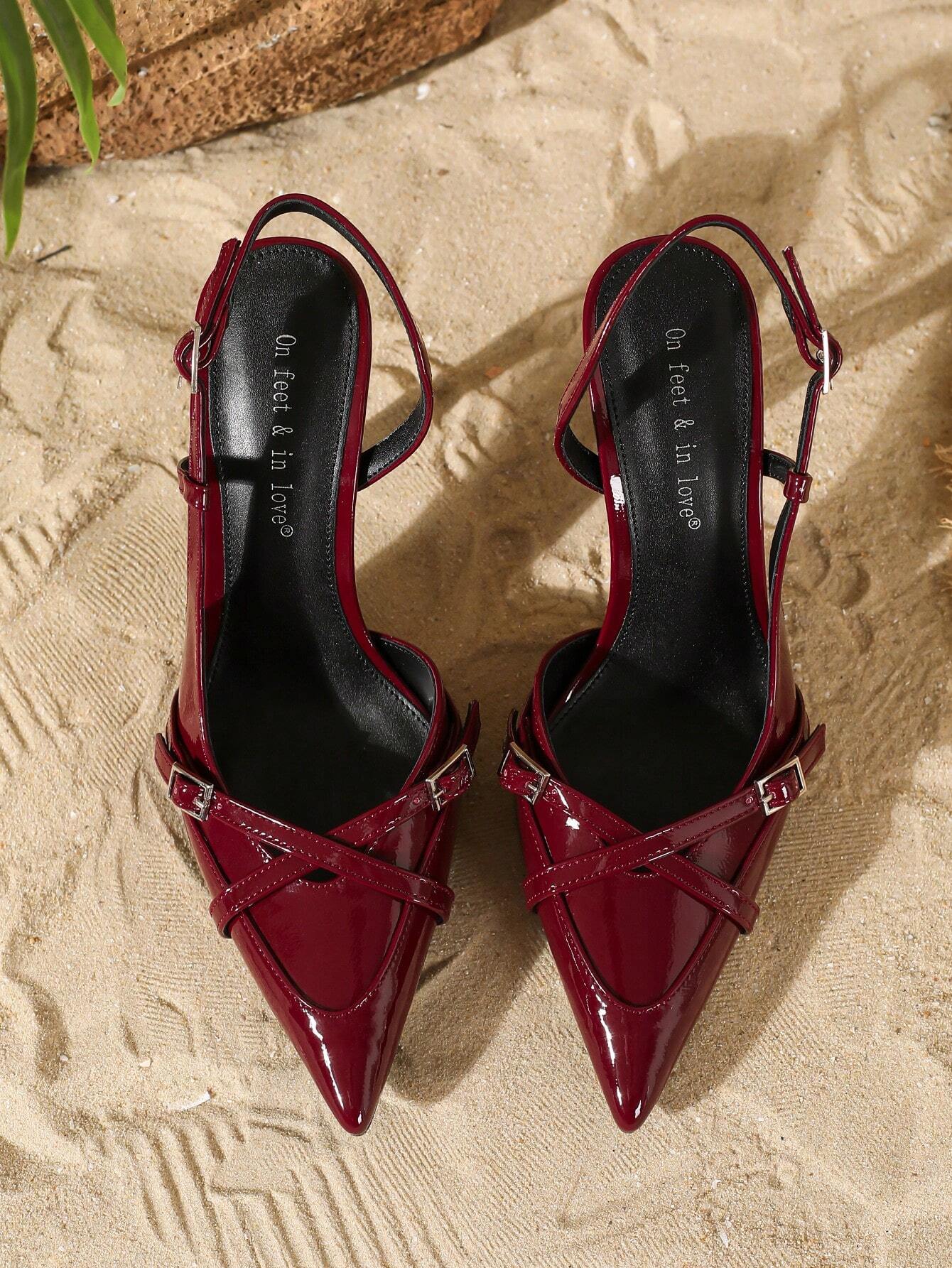 Women's Elegant Crisscross Strap Pointed Toe V-Cut Buckle High Heel Pumps shein