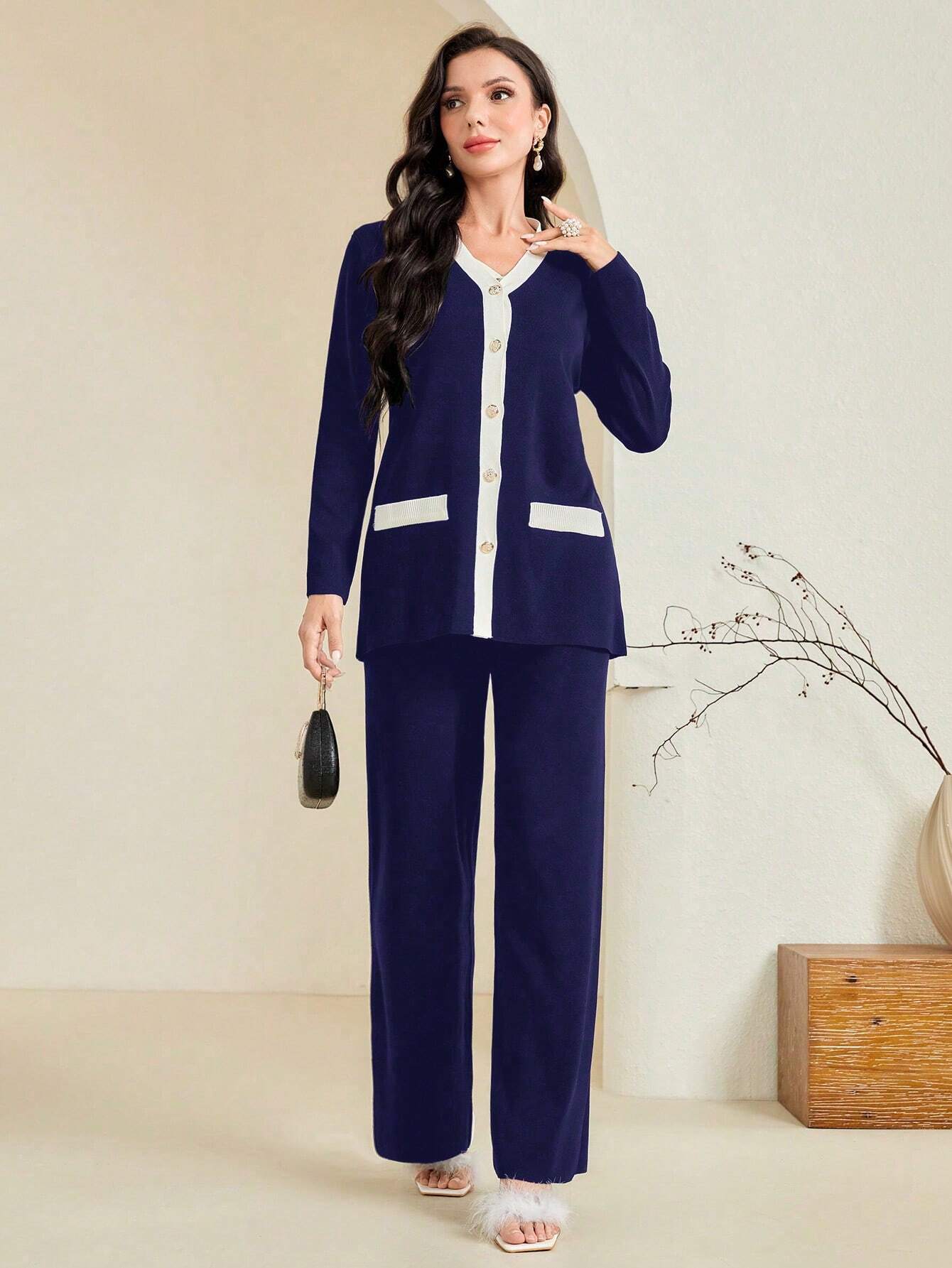 Modely Women's Autumn/Winter Contrast Color Long Sleeve Single-Breasted Cardigan, V-Neck Sweater Vest And Knit Casual Pants Set shein