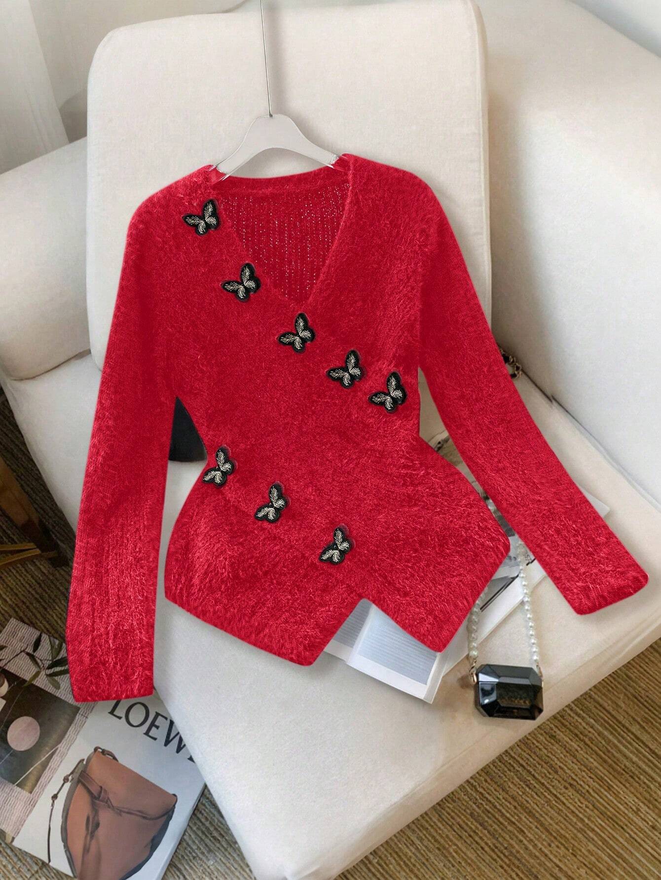 Raffinéa Women's V-Neck Long Sleeve Butterfly Embroidery Pullover Sweater shein