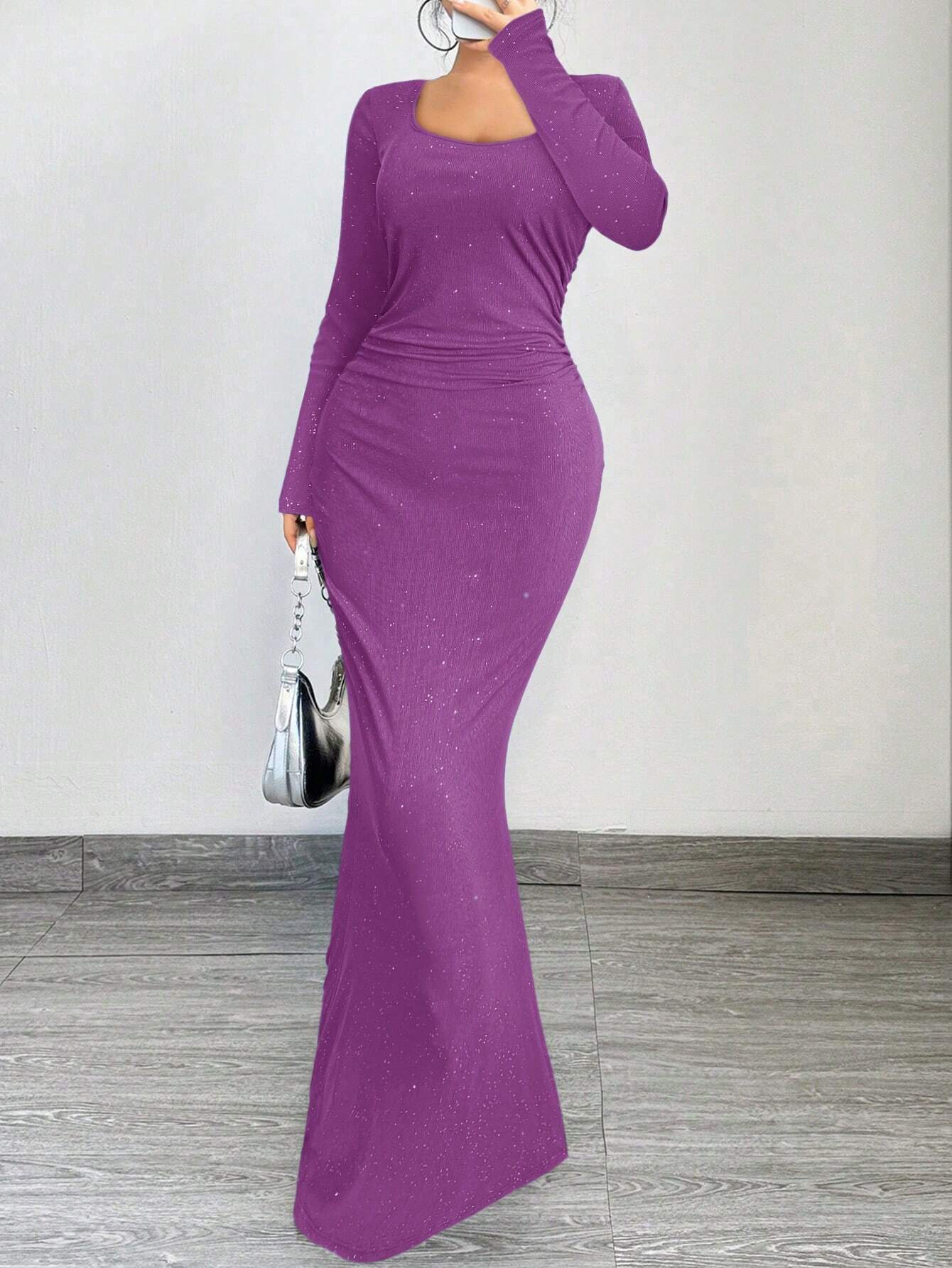 SXY Elegant And Glamorous Ruched Waist Fitted Black Glittery Square Neck Long Sleeve Dress shein