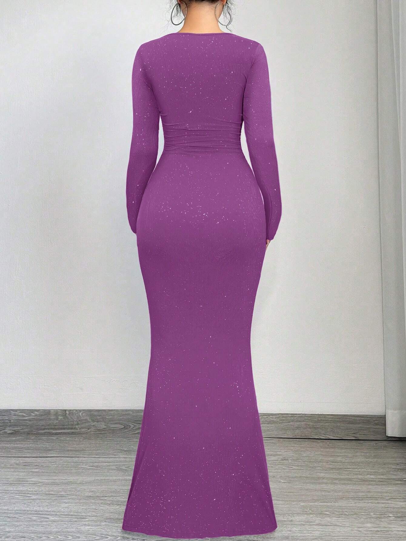 SXY Elegant And Glamorous Ruched Waist Fitted Black Glittery Square Neck Long Sleeve Dress shein