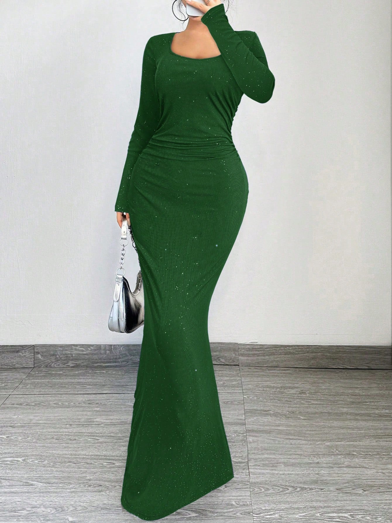 SXY Elegant And Glamorous Ruched Waist Fitted Black Glittery Square Neck Long Sleeve Dress shein