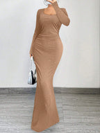 SXY Elegant And Glamorous Ruched Waist Fitted Black Glittery Square Neck Long Sleeve Dress shein