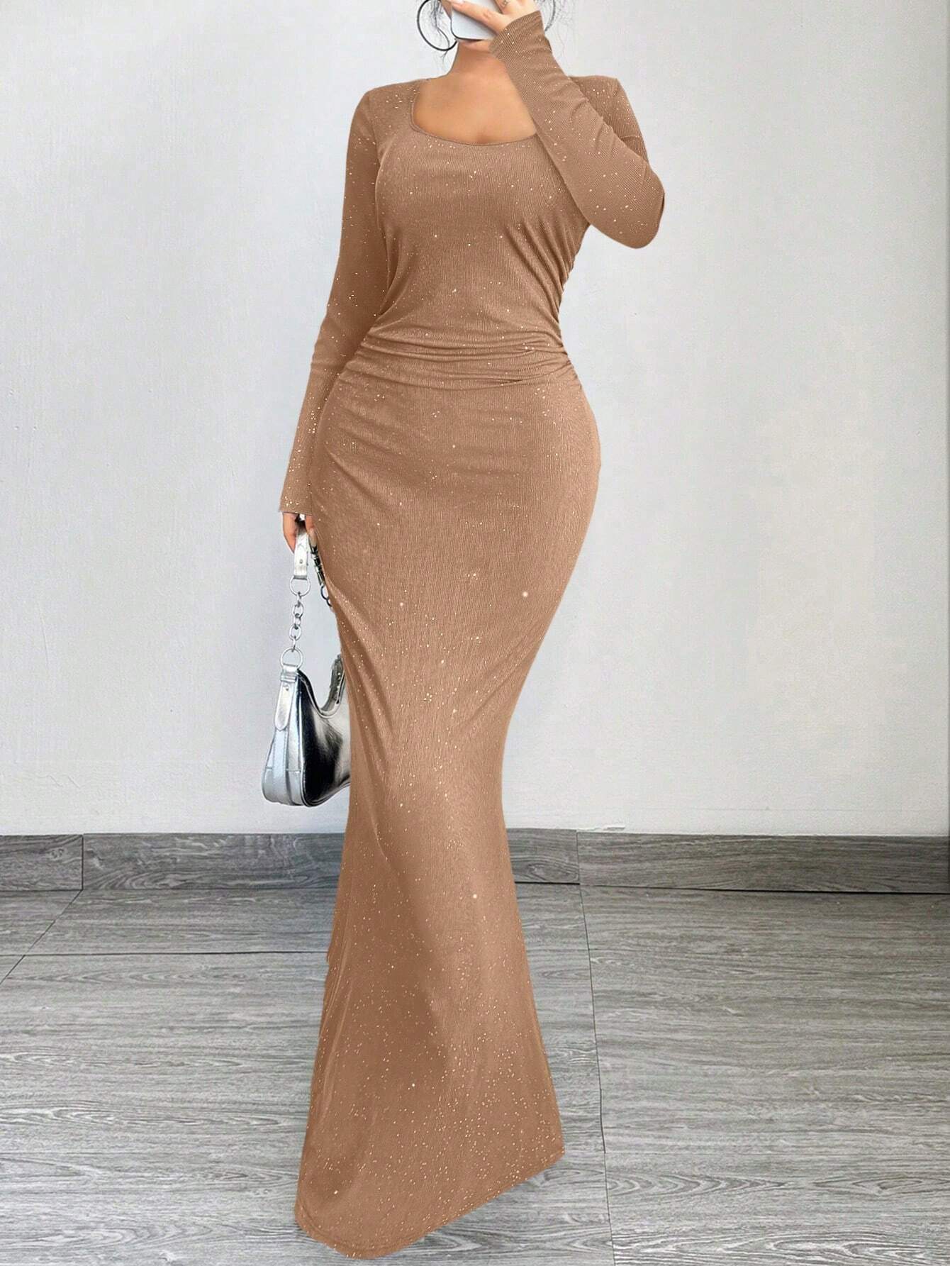 SXY Elegant And Glamorous Ruched Waist Fitted Black Glittery Square Neck Long Sleeve Dress shein