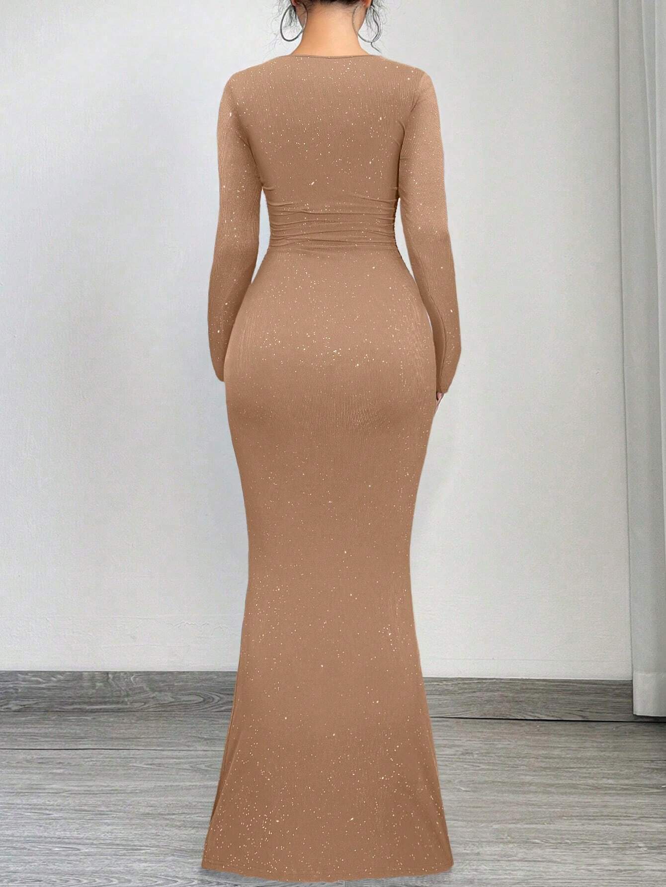 SXY Elegant And Glamorous Ruched Waist Fitted Black Glittery Square Neck Long Sleeve Dress shein