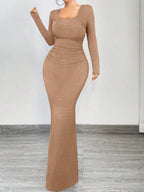 SXY Elegant And Glamorous Ruched Waist Fitted Black Glittery Square Neck Long Sleeve Dress shein