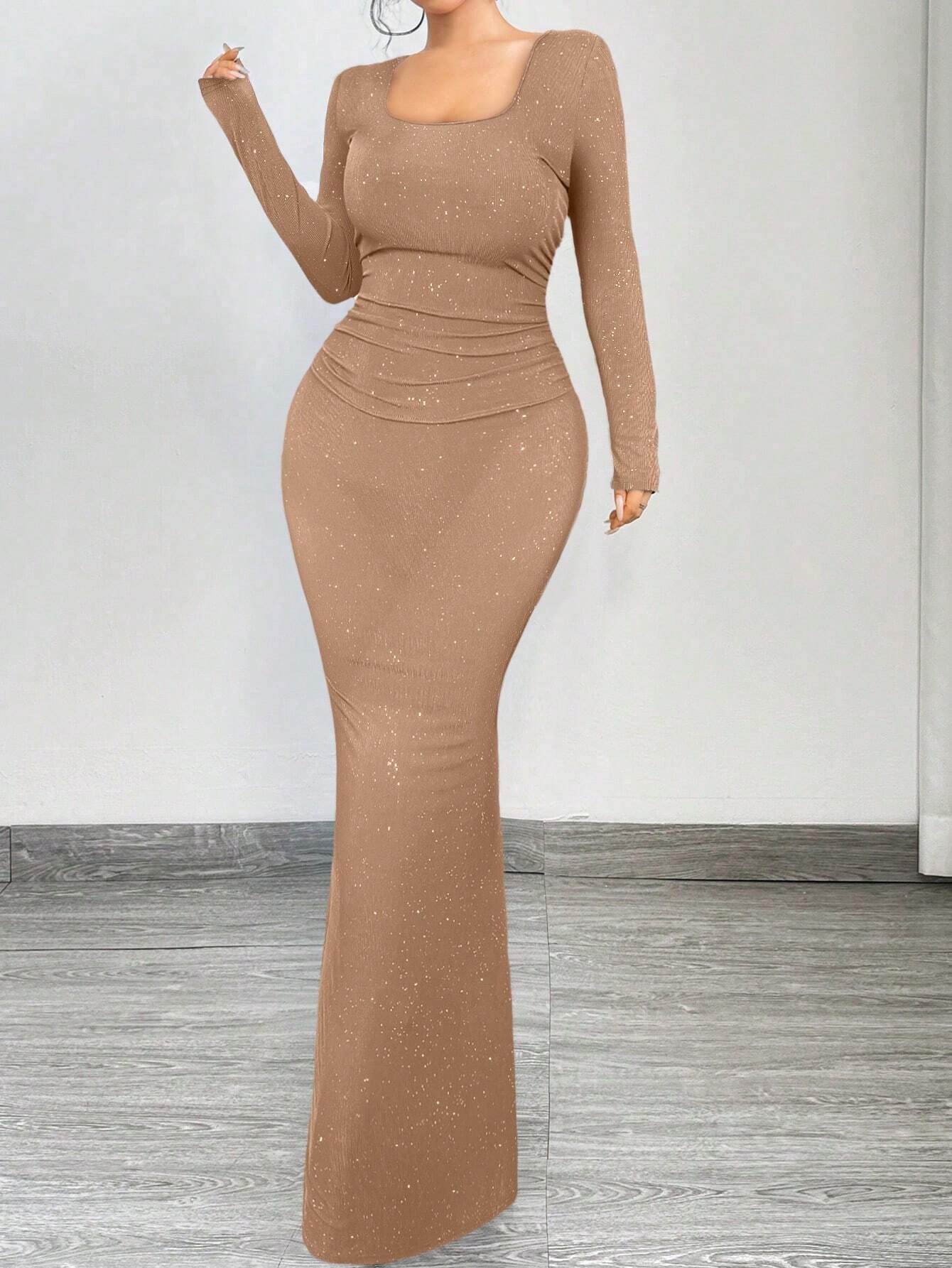 SXY Elegant And Glamorous Ruched Waist Fitted Black Glittery Square Neck Long Sleeve Dress shein