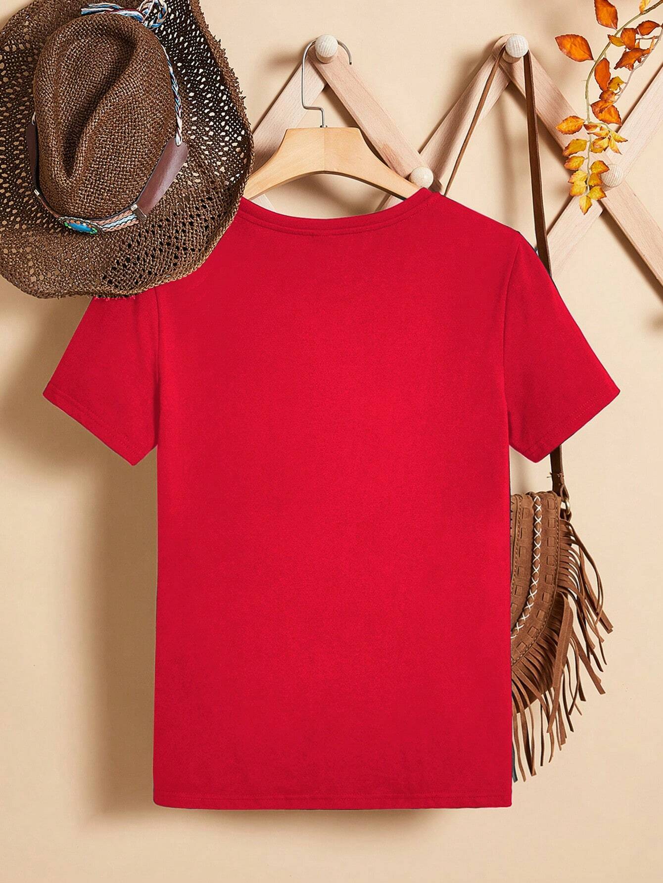 EMERY ROSE Casual Heart-Shaped Patterned Round Neck Women's Short Sleeve T-Shirt shein