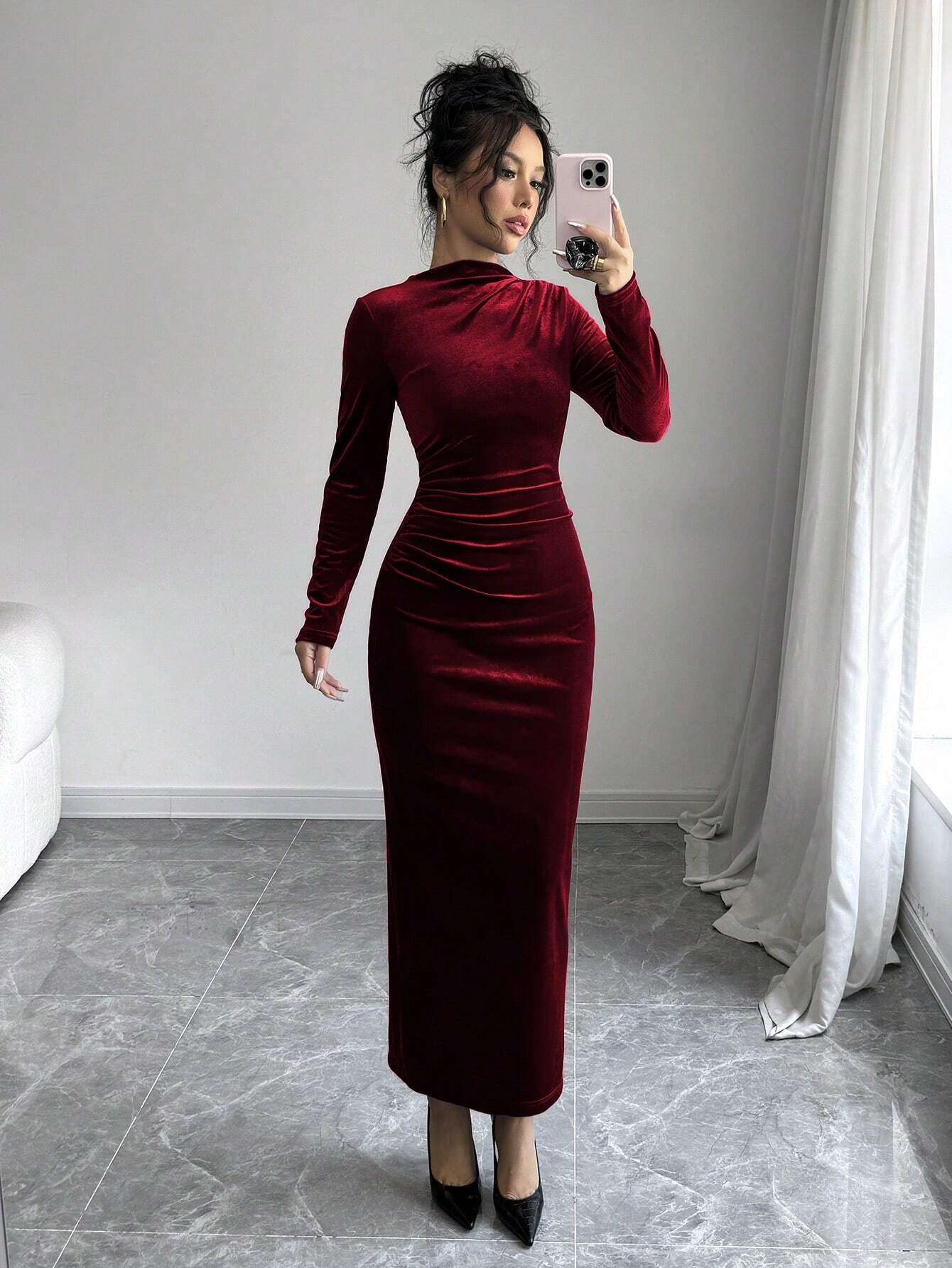 Privé Women Elegant Velvet Asymmetric Ruffle Split Hem Dress shein