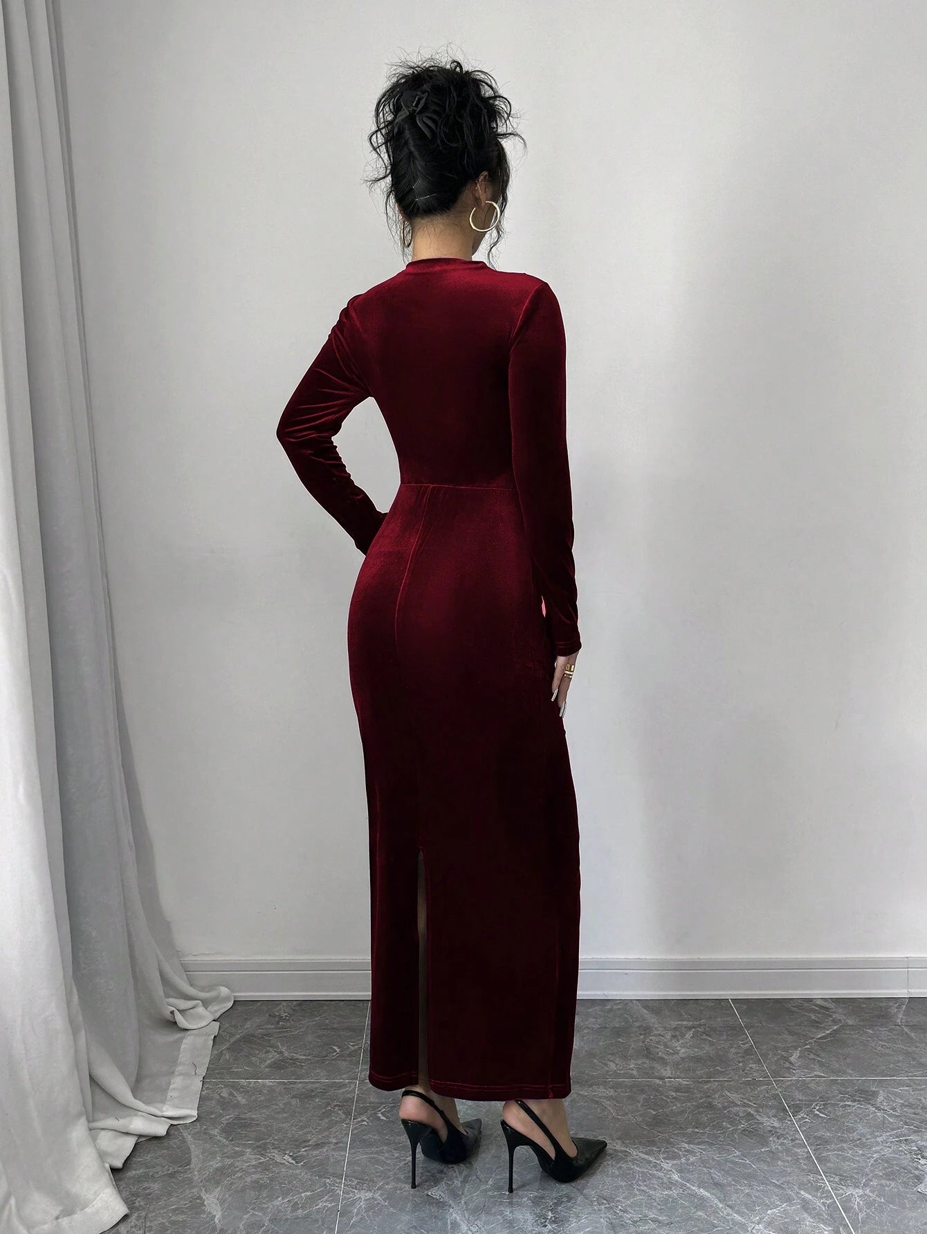 Privé Women Elegant Velvet Asymmetric Ruffle Split Hem Dress shein
