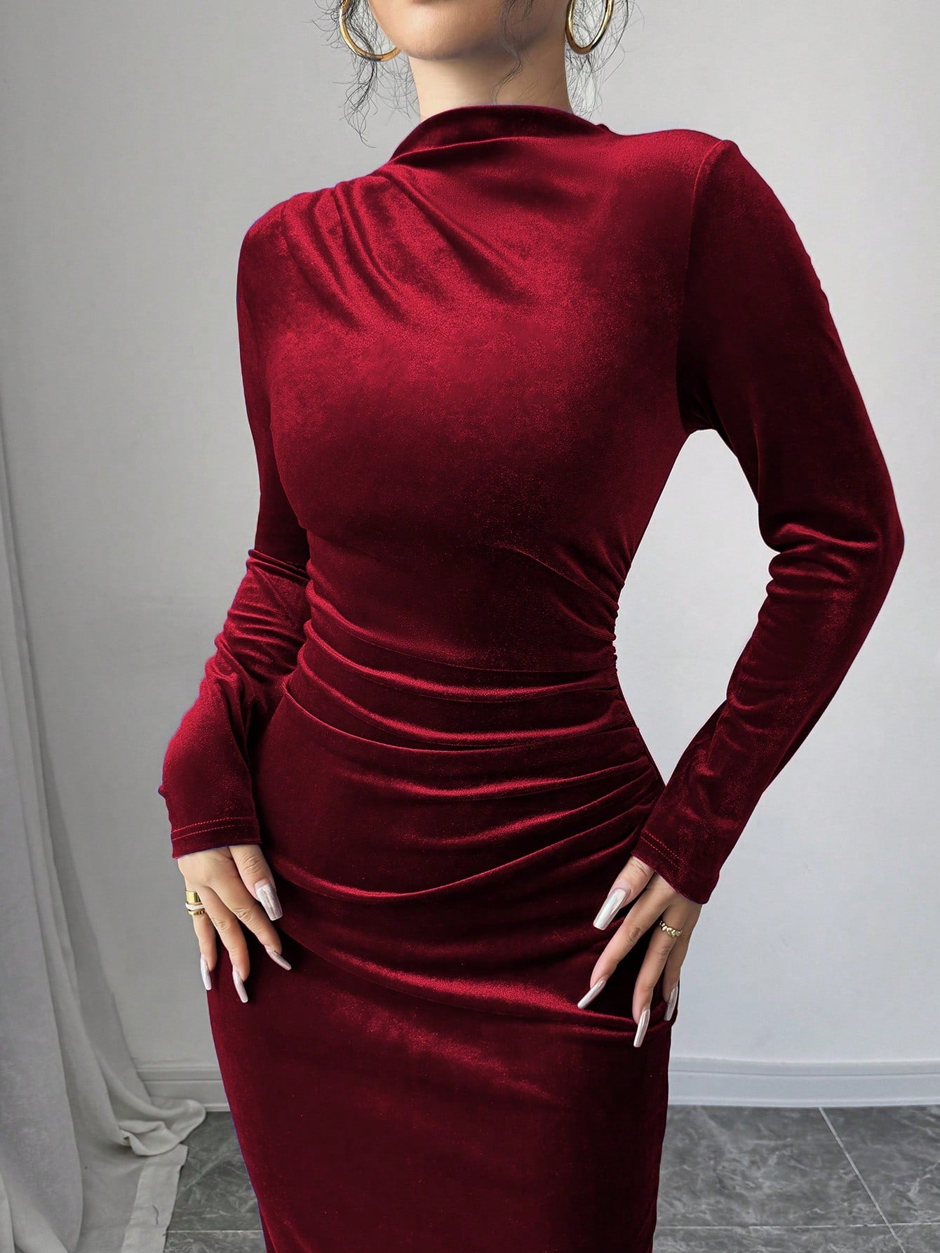 Privé Women Elegant Velvet Asymmetric Ruffle Split Hem Dress shein