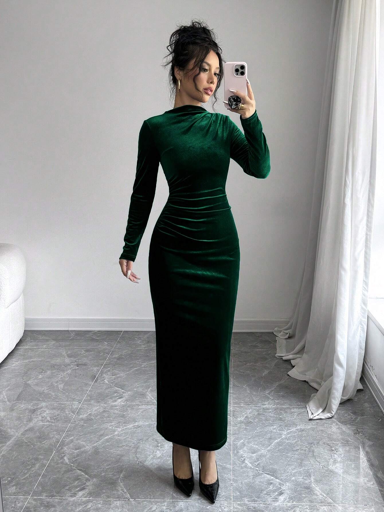 Privé Women Elegant Velvet Asymmetric Ruffle Split Hem Dress shein