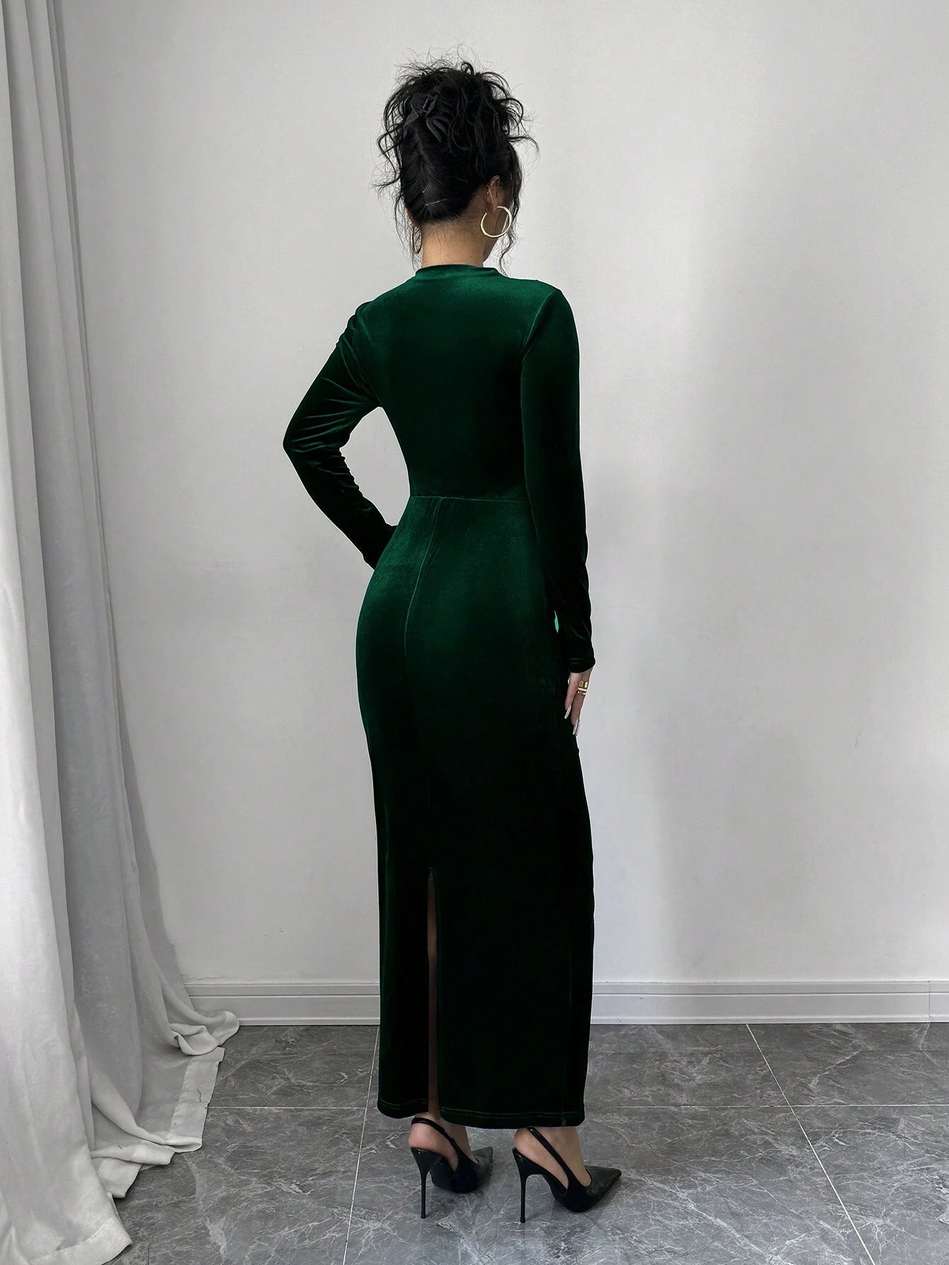 Privé Women Elegant Velvet Asymmetric Ruffle Split Hem Dress shein