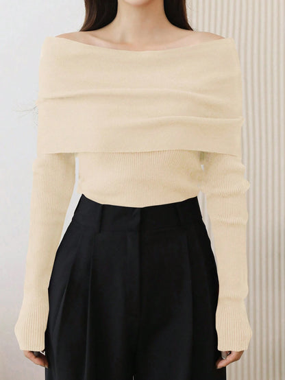 DAZY 1pc Women Solid Color Off Shoulder Long Sleeve Ribbed Casual Sweater Off Shoulder Sweater