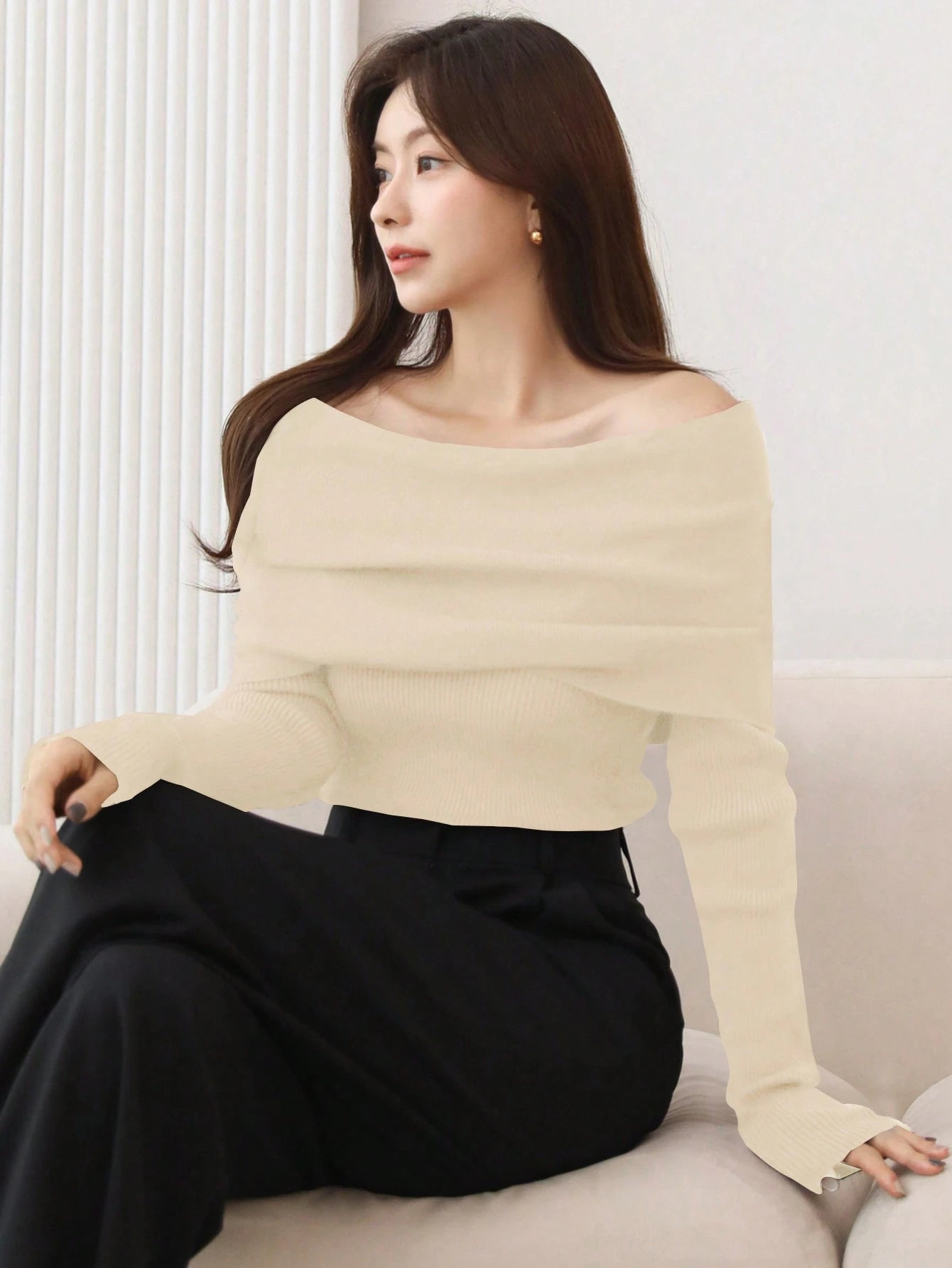 DAZY 1pc Women Solid Color Off Shoulder Long Sleeve Ribbed Casual Sweater Off Shoulder Sweater